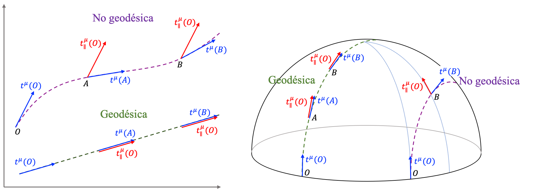 Definición de geodésica en el espacio-tiempo plano y sobre la superficie de una esfera.